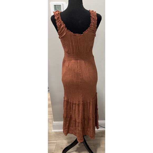 Lucky Brand Boho Maxi Dress Ruffle Prairie Tiers Burnt Orange Gauze Rayon Small - Picture 2 of 9